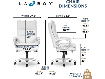 La-Z-Boy Jenkins Ergonomic Bonded Leather Executive Big & Tall Chair, 400 lb. Capacity, White (60075-WHT)