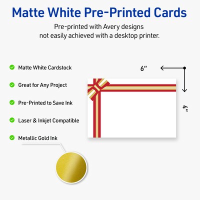 Avery Gold-Red Gift Bow Matte Blank Card, White, 20/Pack (S00-FFT)