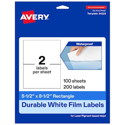Avery Laser/Inkjet Rectangle Waterproof Multipurpose Labels, 8.5 x 5.5, White, 200/Box (94229)