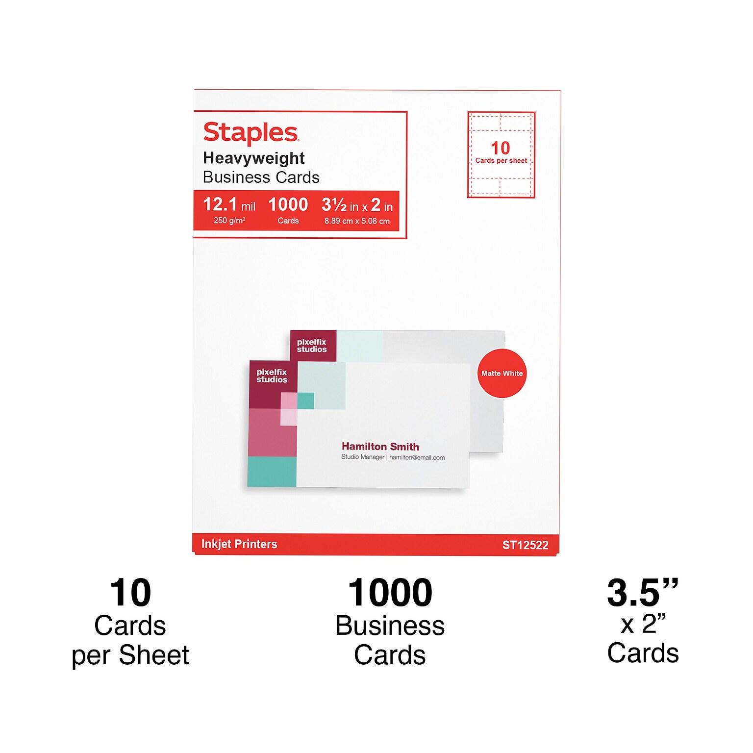 Staples® Business Cards, 3.5" x 2", Matte White, 1000/Pack (ST12520