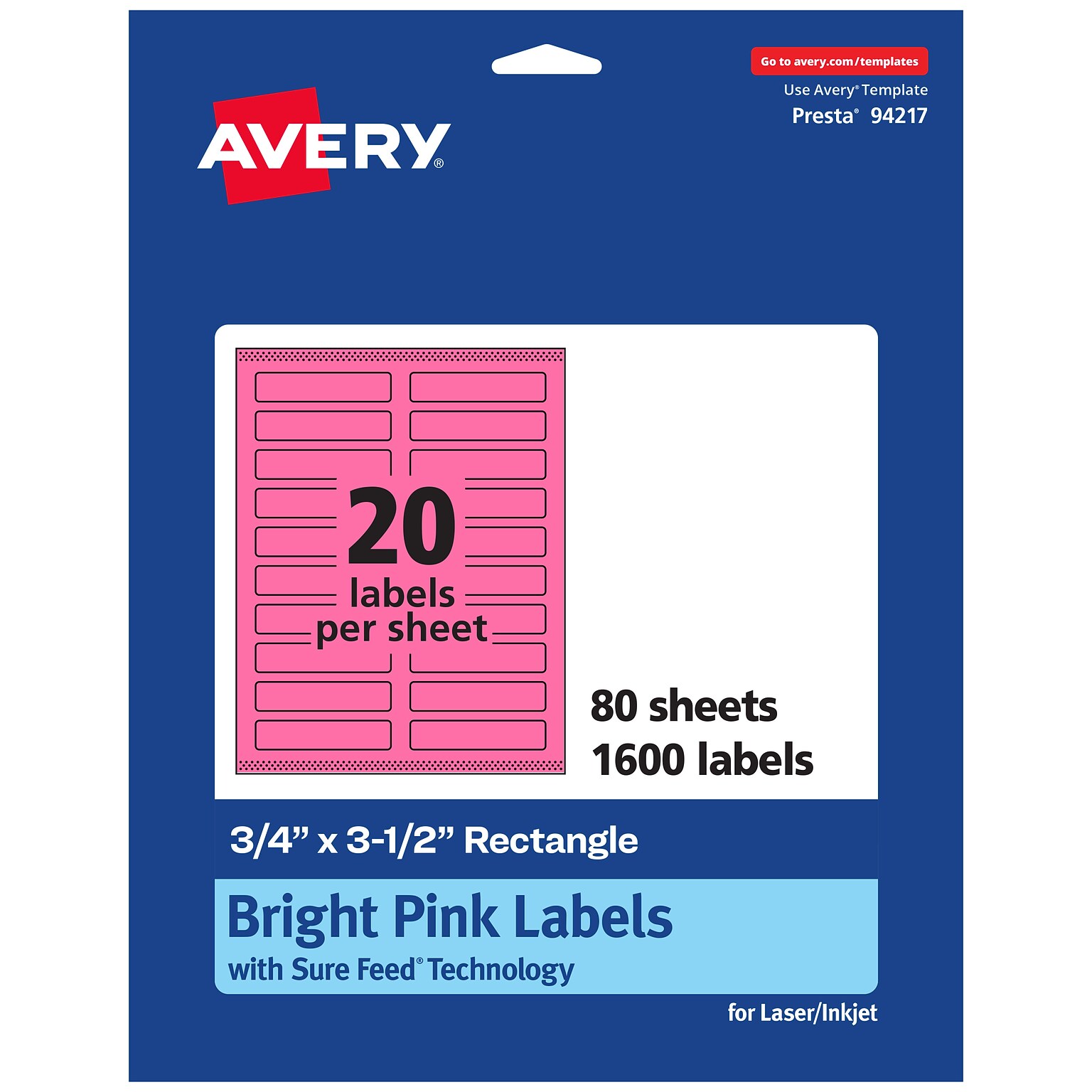Avery Laser/Inkjet Rectangle Multipurpose Labels, 0.75 x 3.5, Bright Pink, 1600/Box (94217)