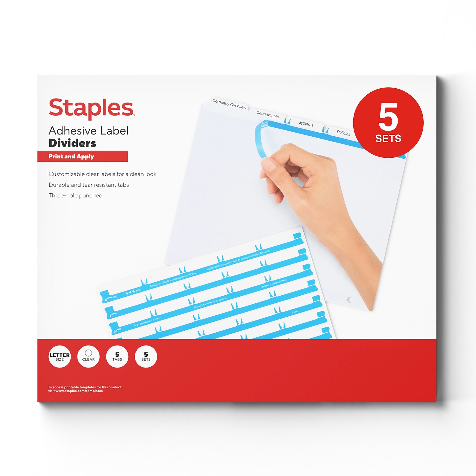 Staples Print & Apply Label Dividers, Clear, 5-Tabs, 5 Sets (ST63050)