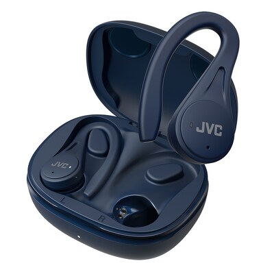 JVC Fitness True Wireless Earbuds with Microphone, Earhooks & Charging Case, Bluetooth, Blue (HA-EC25T)