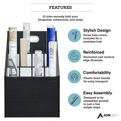 AdirOffice 12-Slot Roll File, 22.24"H x 15.55"W x 15.55"D, Black (ADI627-WBLK)