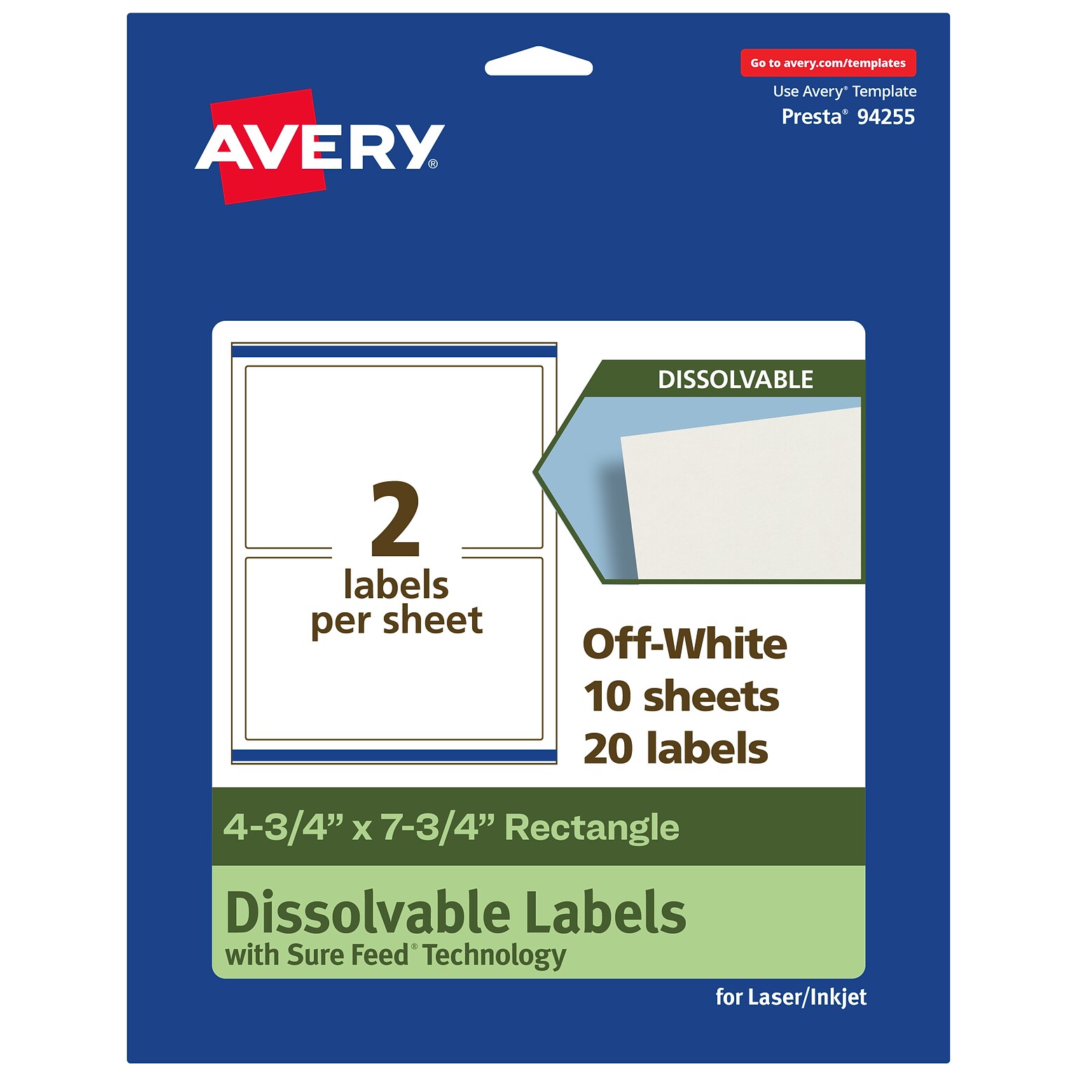 Avery Dissolvable Rectangle Multipurpose Labels, 4.75 x 7.75, Off-white, 20/Pack (94255)