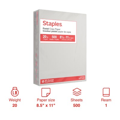 Staples Pastel 30% Recycled Color Copy Paper, 20 lbs., 8.5" x 11", Gray, 500/Ream (14785)