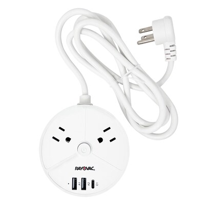 RAYOVAC Charge Disk 2-Outlet 3-USB Port Surge Protector, 5-ft., 540 Joules, White (SS-P203)