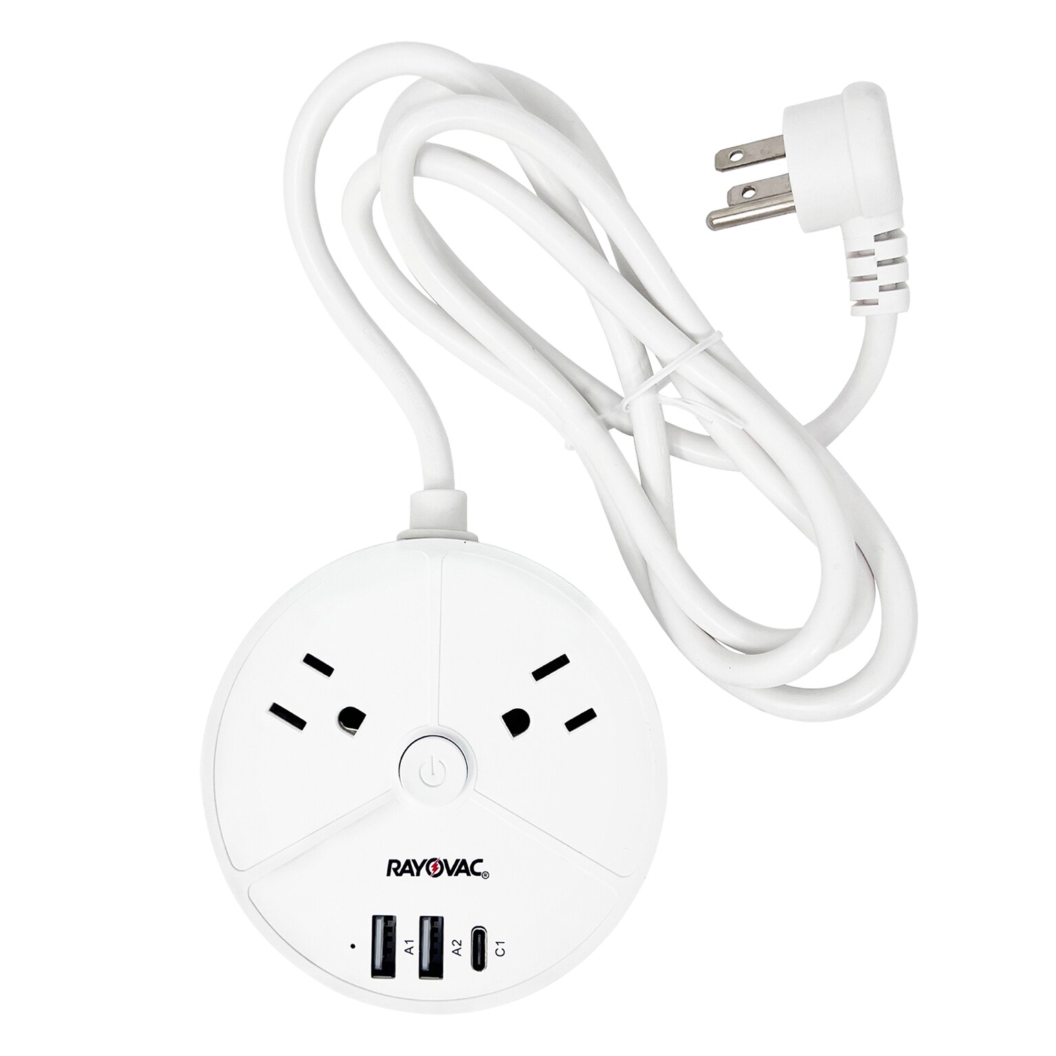 RAYOVAC Charge Disk 2-Outlet 3-USB Port Surge Protector, 5-ft., 540 Joules, White (SS-P203)