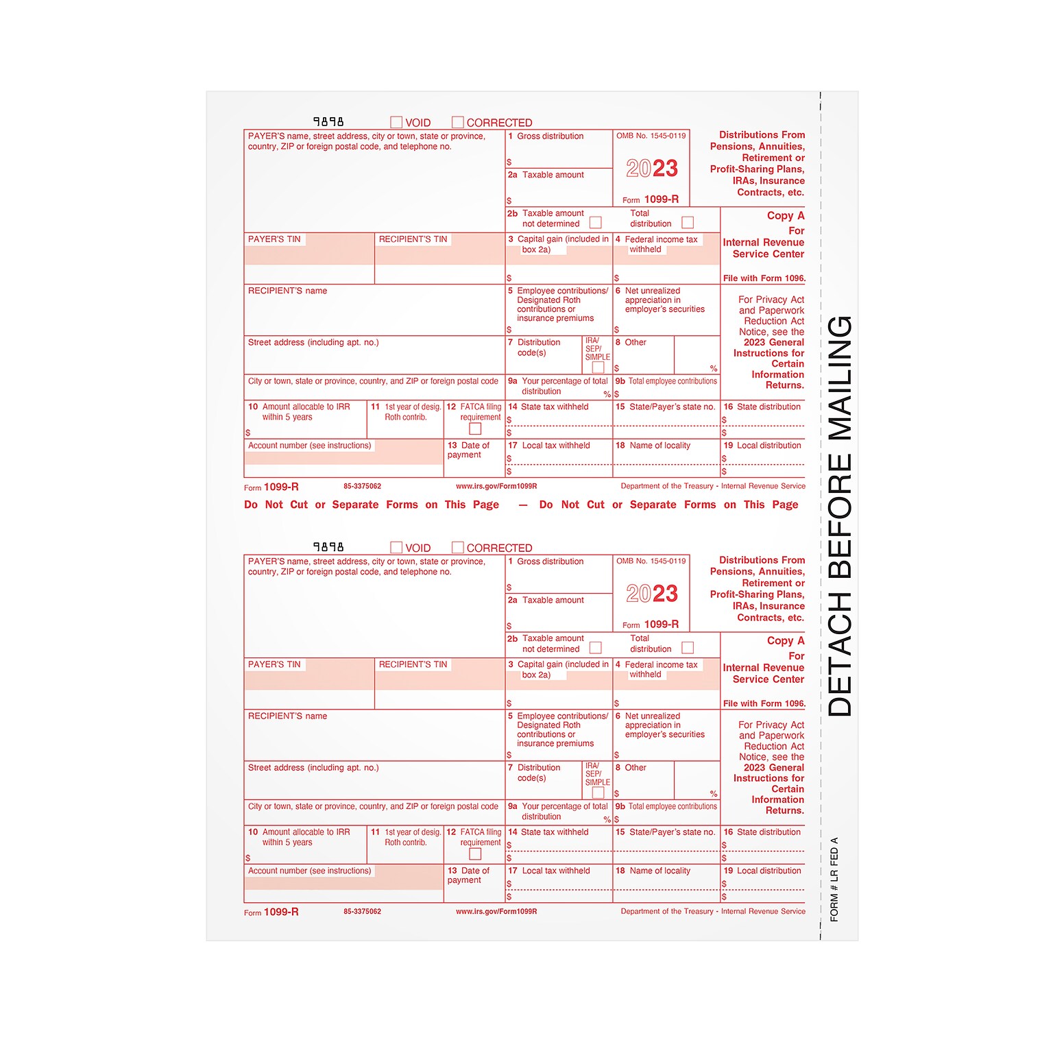 TOPS 2023 1099-R Tax Form, 1-Part, Federal Copy A, 50/Pack (LRFEDA-S)