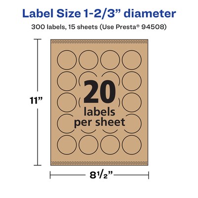 Avery Laser/Inkjet Circle Multipurpose Labels, 1-2/3" Dia., Kraft Brown, 300 Labels/Pack ( 94508)