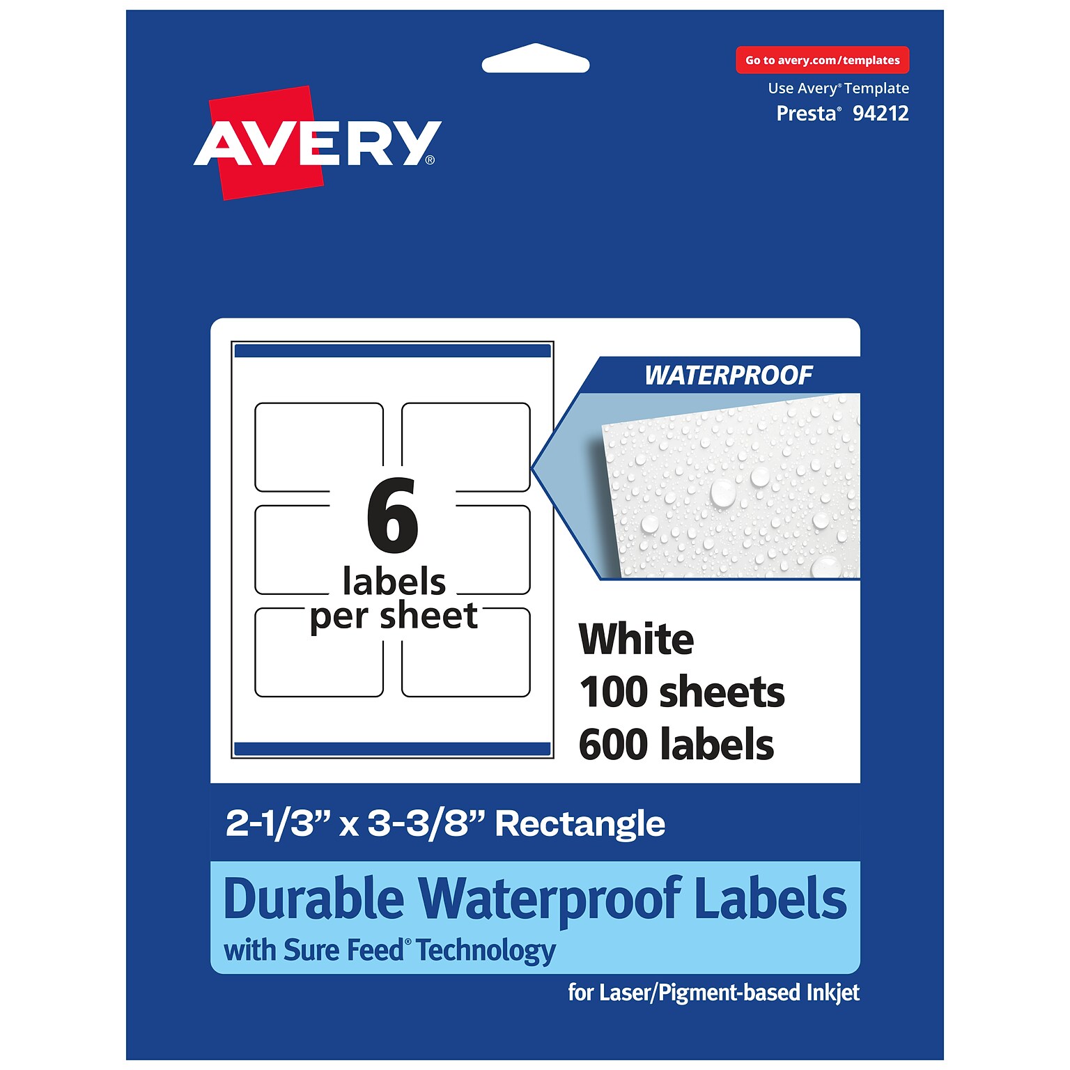 Avery Laser/Inkjet Rectangle Waterproof Multipurpose Labels, 3.375  x 2.3333, White, 600/Box (94212)