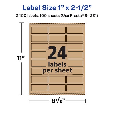 Avery Laser/Inkjet Rectangle Multipurpose Labels, 1" x 2.5", Kraft Brown, 2400 Labels/Box (94221)
