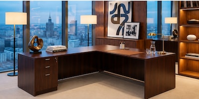 Boss Office Products 71"W L-Shaped Executive Corner Desk with Box/Box/File Storage Pedestal, Mahogany (GROUPA10-M)