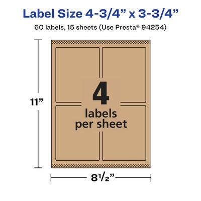 Avery Laser/Inkjet Rectangle Multipurpose Labels, 4.75" x 3.75", Kraft Brown, 60 Labels/Pack ( 94254)