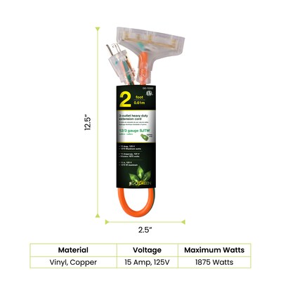 GoGreen Power 2 Indoor/Outdoor Extension Cord, 3-Outlet, 12 AWG, Orange (GG-15302)