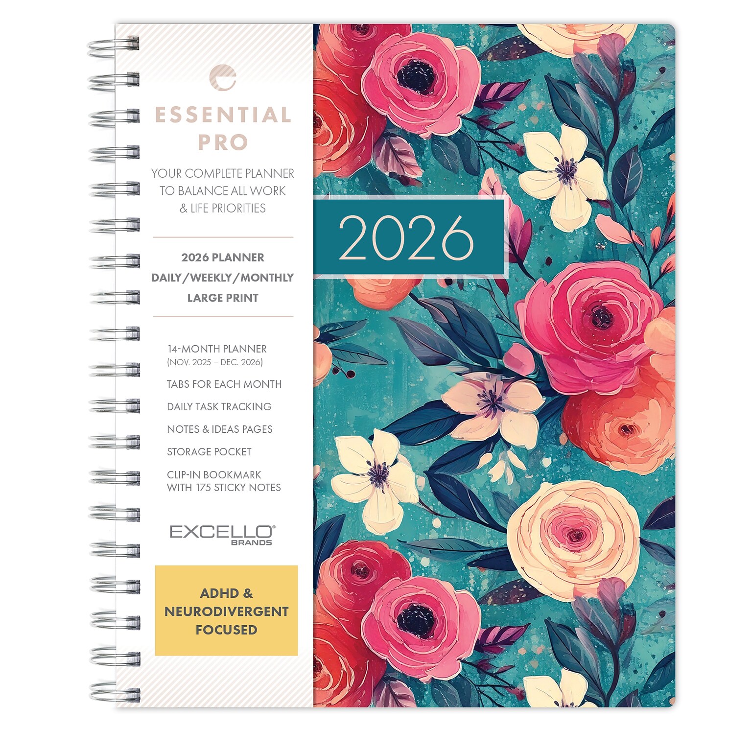 2026 Global Printed Products Essential Pro 7 x 9 Weekly & Monthly Planner, Paperboard Cover, Teal Floral (ESPRO-CY26-79-17)
