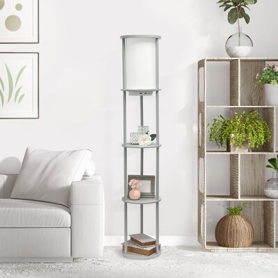Simple Designs Etagere Organizer Storage 62.5" Floor Lamp with 2 USB Charging Ports and 1 Charging Outlet, Gray (LF2010-GRY)
