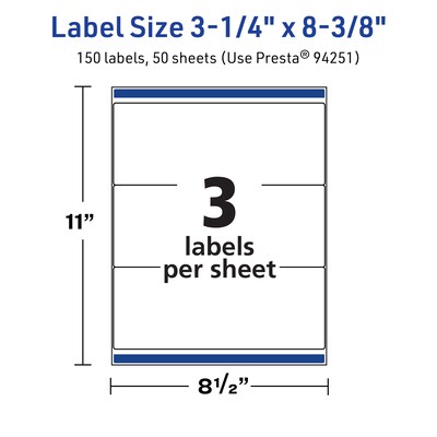 Avery TrueBlock Laser/Inkjet Rectangle Multipurpose Labels, 3-1/4" x 8-3/8", White, 150/Box (94251)