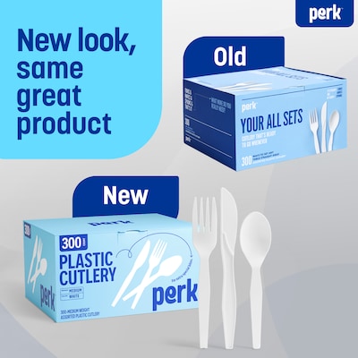 Perk™ Polystyrene Assorted Cutlery, Medium-Weight, White, 300/Pack (PK56406)
