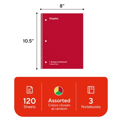 TRU RED 3-Subject Notebook, 8” x 10.5”, Wide Ruled, 120 Sheets, Assorted Colors, 3-Pack