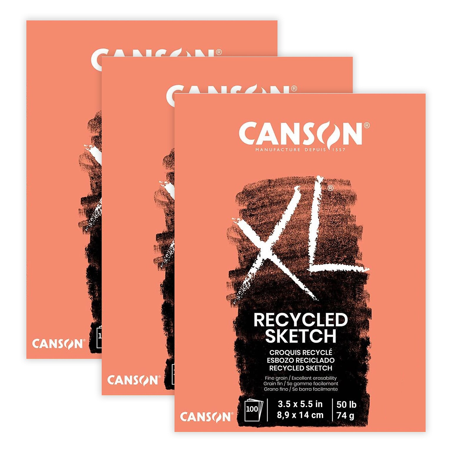 Canson XL Series 3.5 x 5.5 Recycled Sketch Pad, 100 Sheets/Pad, 3/Bundle (MCXC100510920-3)