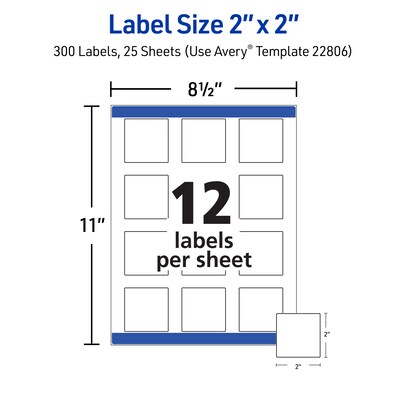 Avery Print-to-the-Edge Laser/Inkjet Square Labels, 2" x 2", White, 300 Labels/Pack (22806)