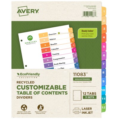 Avery Ready Index Table of Contents EcoFriendly Paper Dividers, 1-12 Tabs, Multicolor, 3 Sets/Pack (11083)