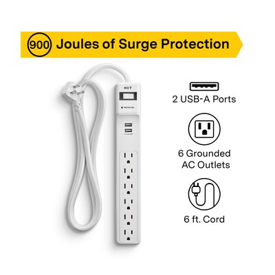 NXT Technologies™ 6-Outlet 2 USB Surge Protector, 6 Braided Cord, 900 Joules (NX54315)