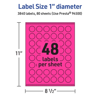 Avery Laser/Inkjet Round Multipurpose Labels, 1" Dia., Neon Magenta, 3840/Box (94500)