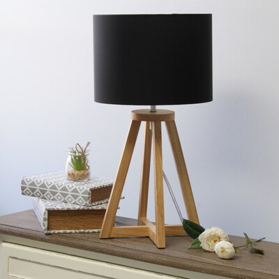 Simple Designs Interlocked Triangular Natural Wood Table Lamp with Black Fabric Shade (LT1069-NBK)