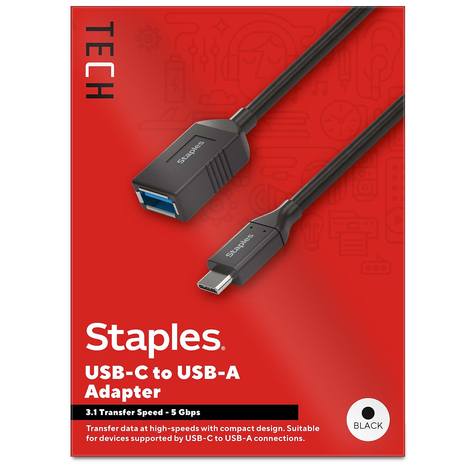 Staples TECH USB-C to USB A Audio/Video Adapter, Male to Female, Black (ST62385)