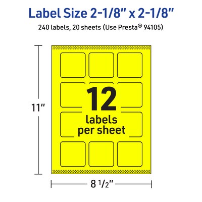 Avery Square Laser/Inkjet Multipurpose Labels, 2-1/8" x 2-1/8", Neon Yellow (240/Pack)