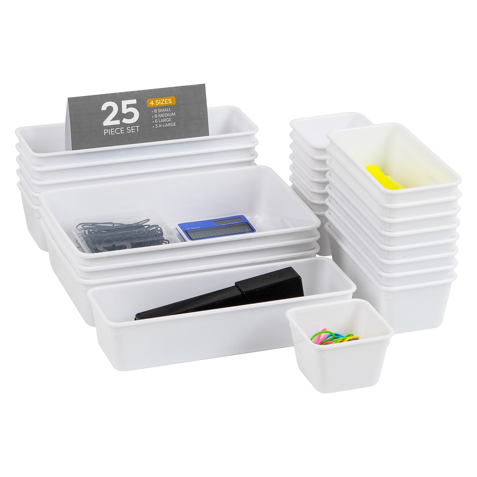 Mind Reader Stackable Plastic Desk Tray Set, White, 25 Pieces (DRORG25-WHT)
