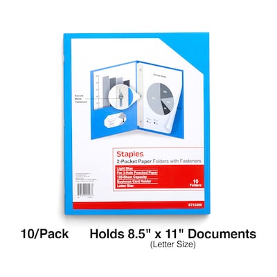 Staples 10% Recycled Matte 2-Pocket Paper Presentation Folder with Fasteners, Light Blue, 10/Pack (1