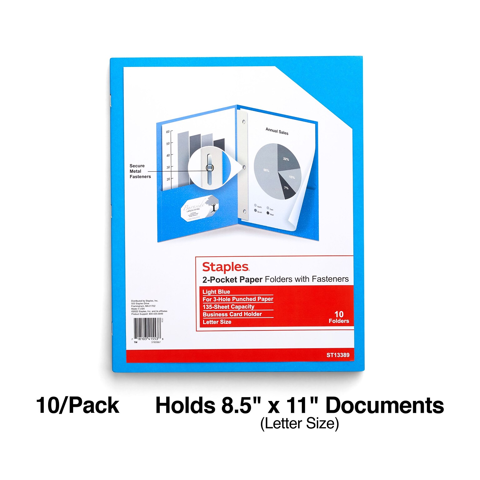 Staples 10% Recycled Matte 2-Pocket Paper Presentation Folder with Fasteners, Light Blue, 10/Pack (13389-CC)