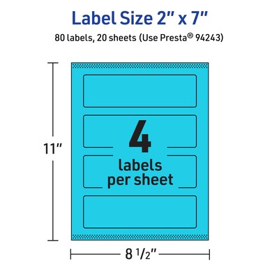Avery Printable Rectangle Multipurpose Labels, 2" x 7", Bright Blue, 80/Pack (94243)