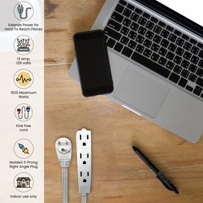 GoGreen Power 8' Extension Cord, 3-Outlet, 16 AWG, White (GG-19608)