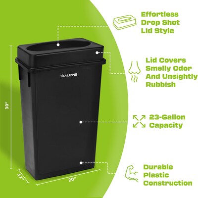 Alpine Industries Plastic Indoor Waste Basket Commercial Slim Trash Can with Lid and Dolly, 23 Gallon, Black (477-BLK1-PKD)