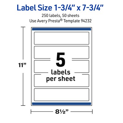 Avery Rectangle Laser Multipurpose Labels, 1.75" x 7.75", White, 250/Box (19479399282)