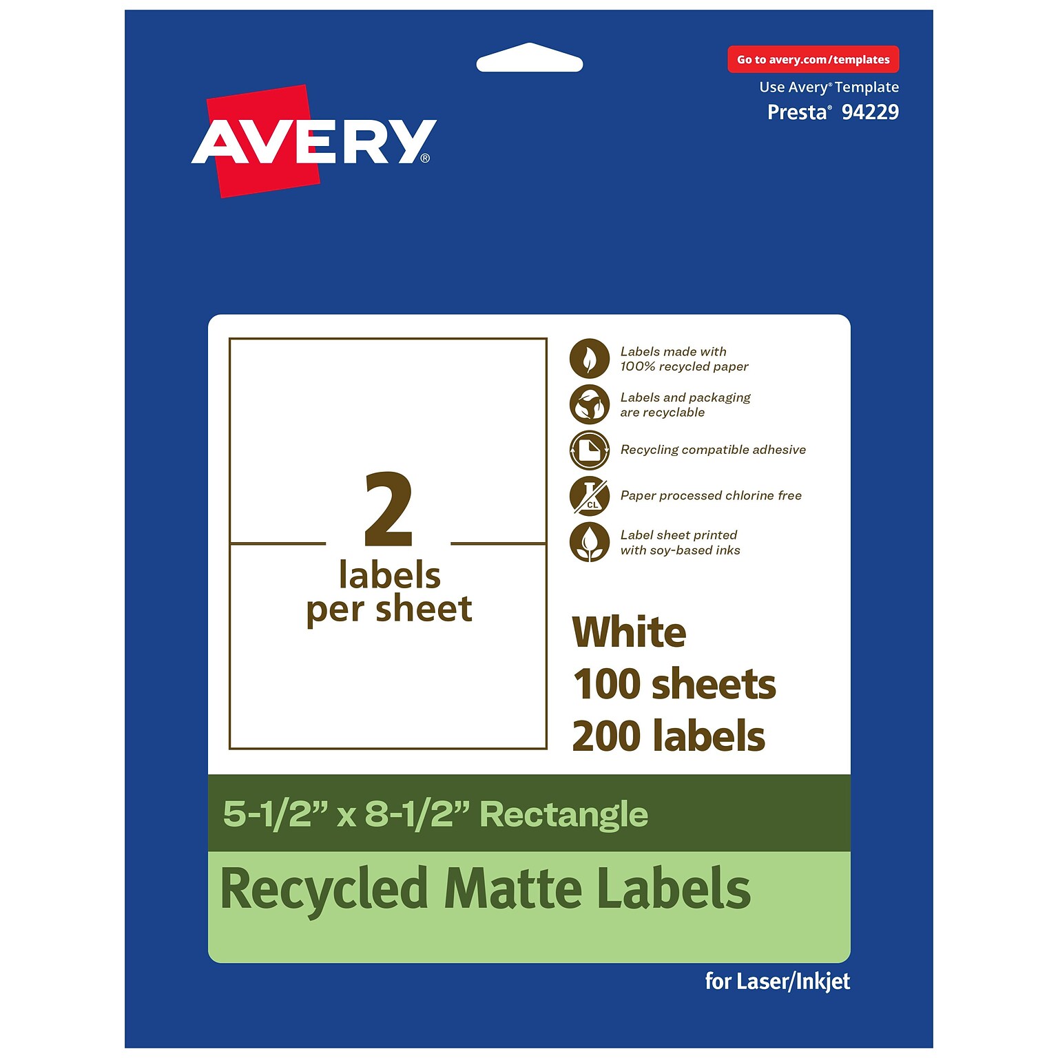 Avery EcoFriendly Laser/Inkjet Rectangle Multipurpose Labels, 5-1/2 x 8-1/2, White, 200/Box (94229)