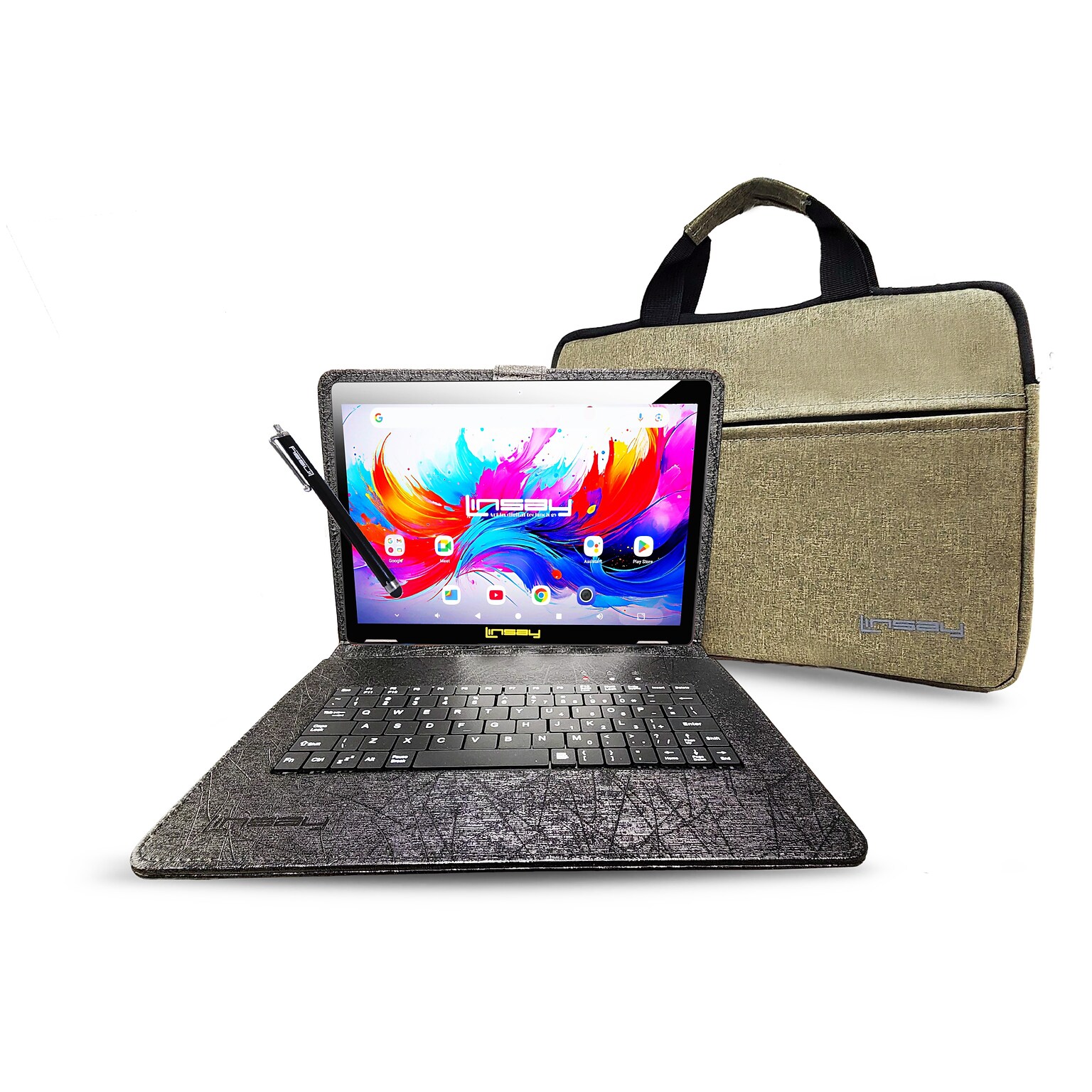 Linsay F10 Series 10.1 Tablet, Wi-Fi, Octa Core, 256GB eMMC, Android 15, with Black Unique Oracle Keyboard Case & Briefcase