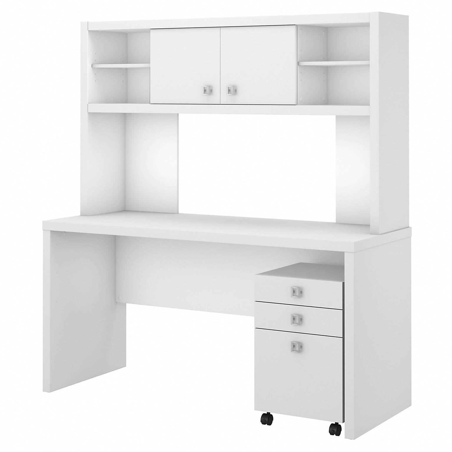 Office by kathy ireland® Echo Credenza Desk with Hutch and Mobile File Cabinet, Pure White/Pure White (ECH006PW)