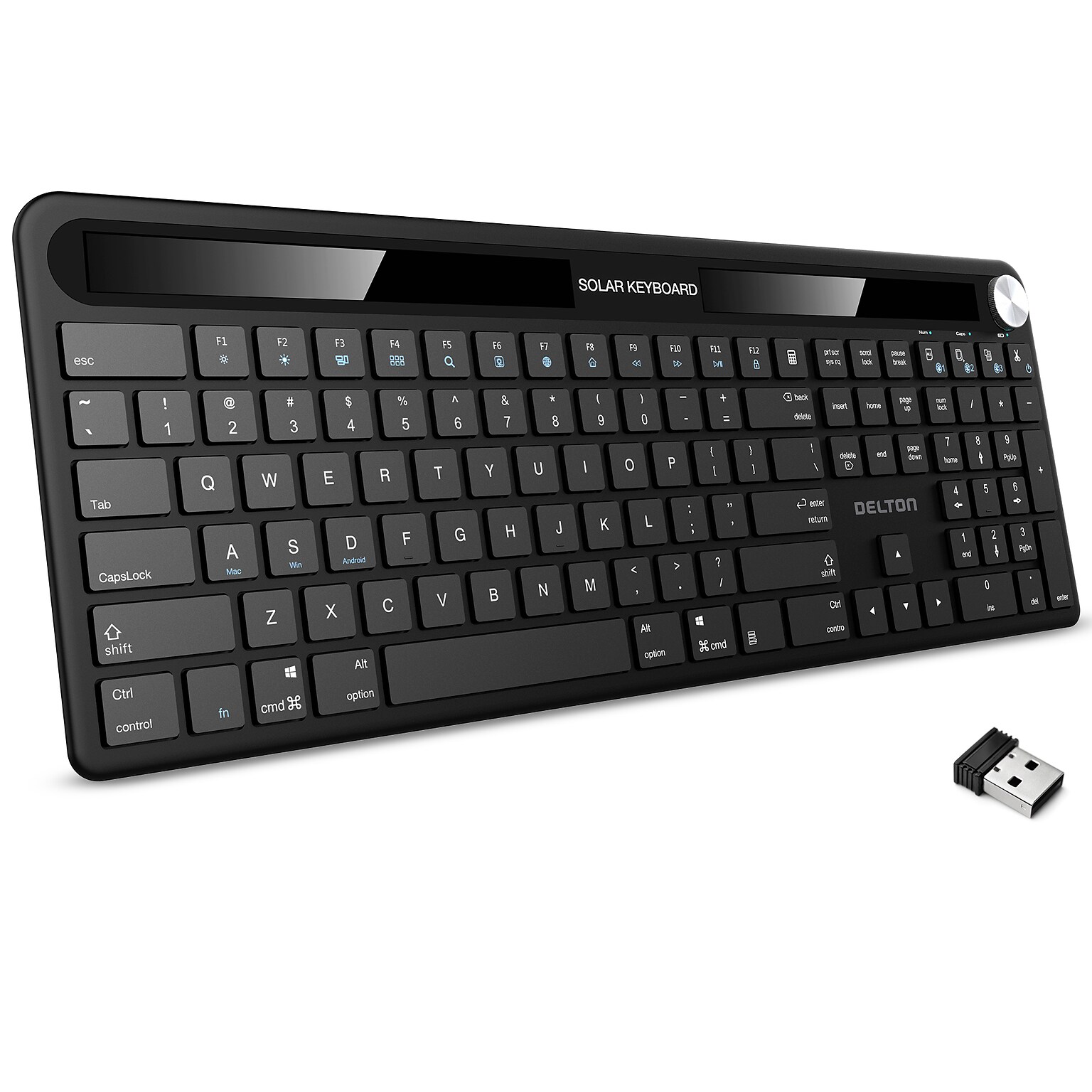 Delton KB90 Rechargeable Solar (Light) Powered Wireless Keyboard, USB-A, Black (DKBSLR90)