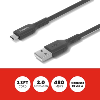 Staples TECH Micro USB to USB-A Charging Cable, 3.3 ft., Black (ST62327)