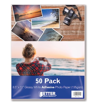 Better Office Products Photo Paper, Glossy, Self-Adhesive Sticky Back Paper, 8.5 x 11, 50 Sheets (