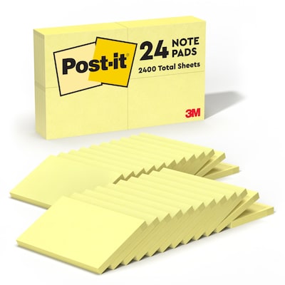 Post-it Notes, 3 x 5, Canary Collection, 90 Sheet/Pad, 24 Pads/Pack (65524VADB)