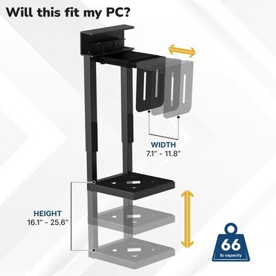 Mount-It! Heavy-Duty Clamp-On CPU Mount for Mid & Full Tower PCs, Holds up to 66 lbs., Matte Black (MI-7159)