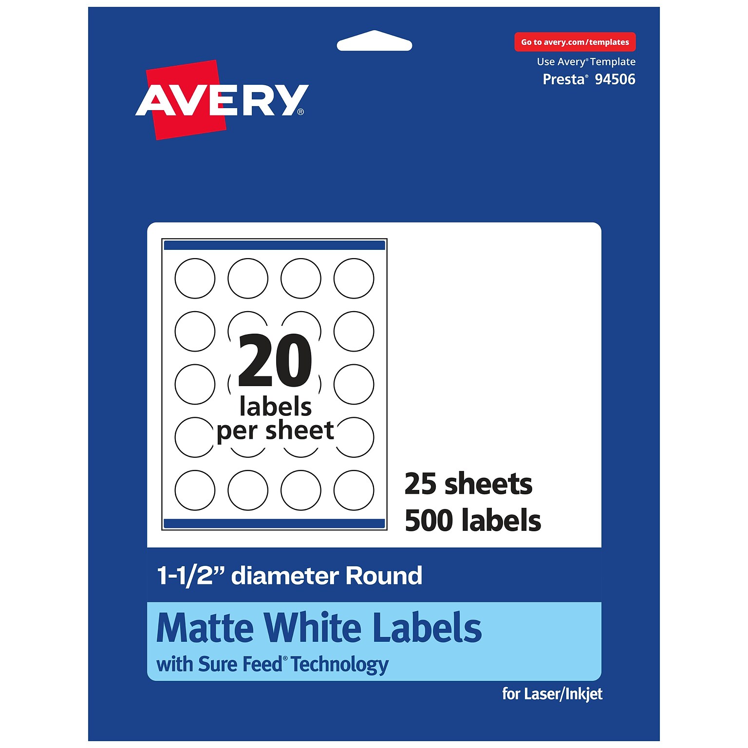 Avery Laser/Inkjet Round Multipurpose Labels, 1 0.5 Dia, Matte White, 500 Labels/Pack (94506)