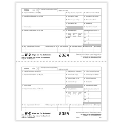 ComplyRight 2024 W-2 Tax Form, 1-Part, 2-Up, Employer Copy D, 50/Pack (520450)