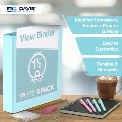 Davis Group, 1.5", 8.5" x 11", Round Ring View Binder, Pastel Color, Aqua, 6/Pack (7412-12-06)